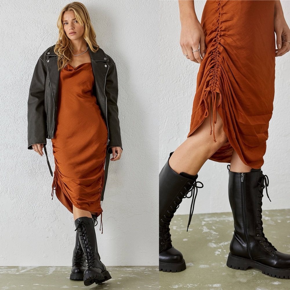 Free People Day To Night Convertible Slip Dress Rust Orange Ruched Midi Dress S